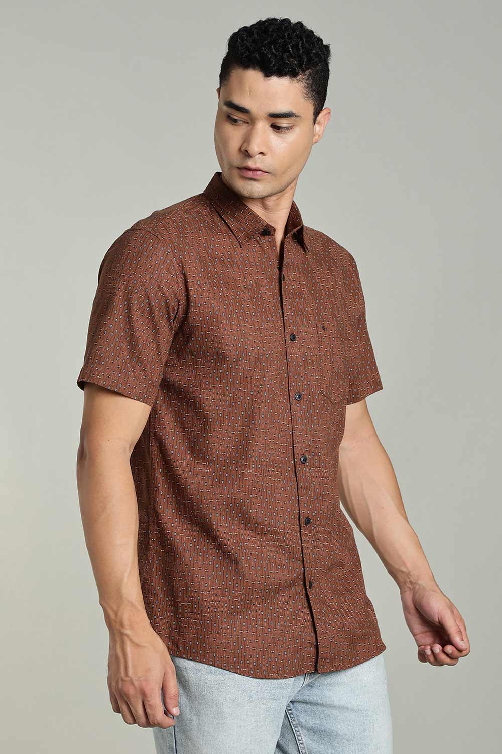 Enhance Mens Printed Casual Shirt Standard Collar Half Sleeve V Pocket - Brown - SA17