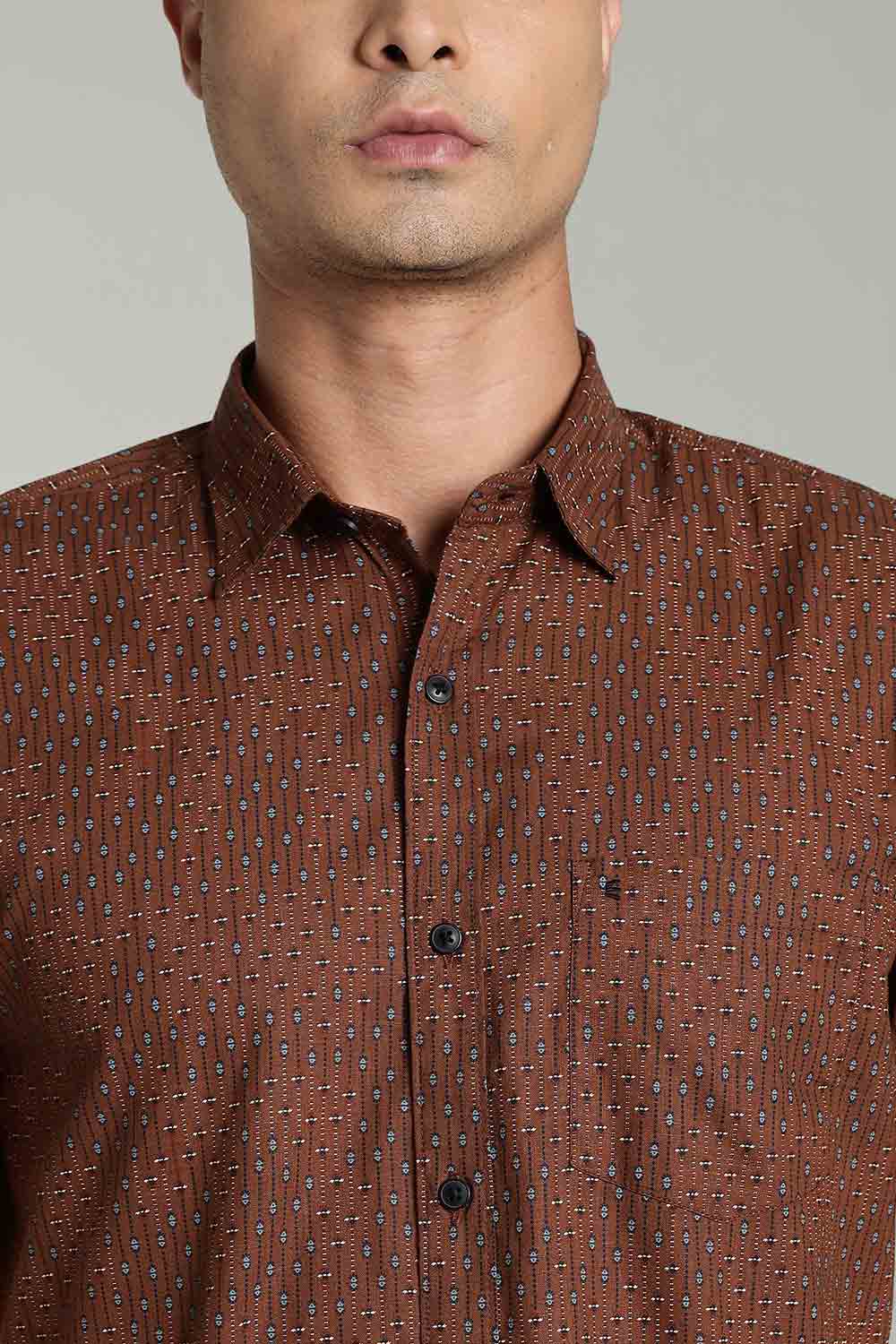 Enhance Mens Printed Casual Shirt Standard Collar Half Sleeve V Pocket - Brown - SA17