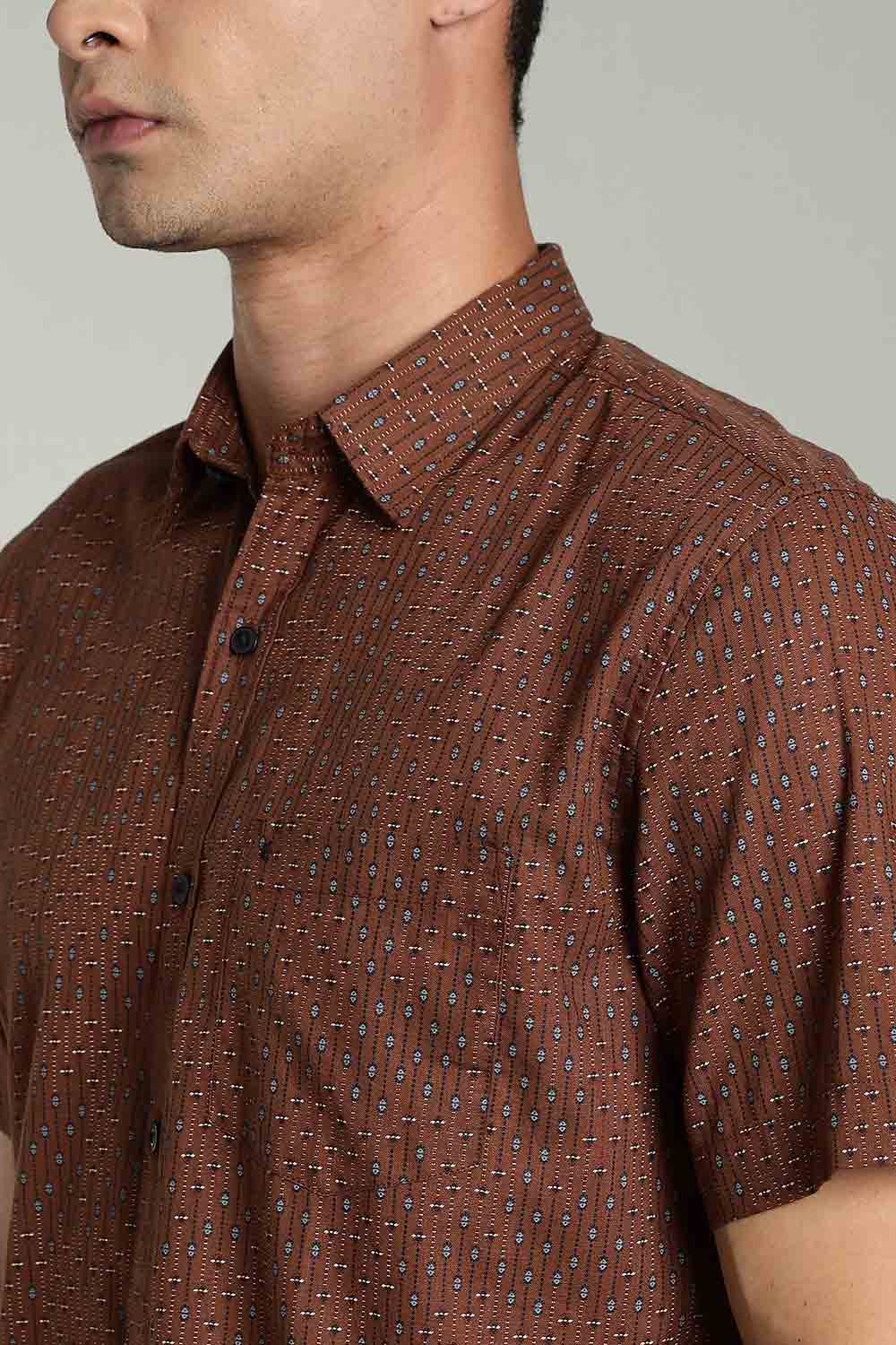 Enhance Mens Printed Casual Shirt Standard Collar Half Sleeve V Pocket - Brown - SA17