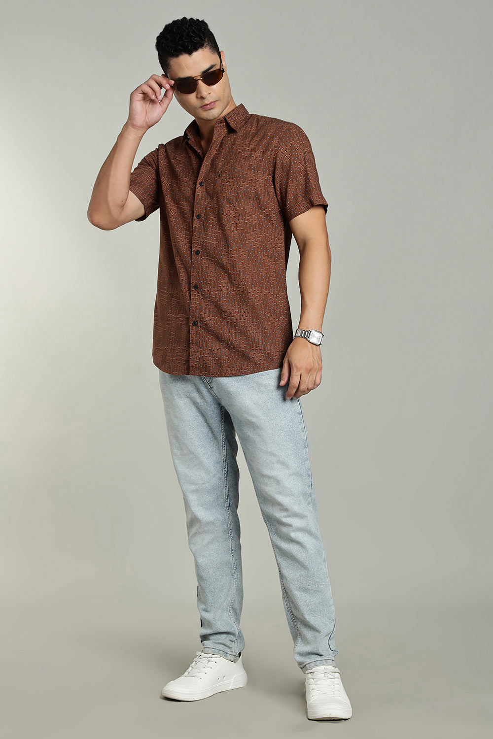 Enhance Mens Printed Casual Shirt Standard Collar Half Sleeve V Pocket - Brown - SA17