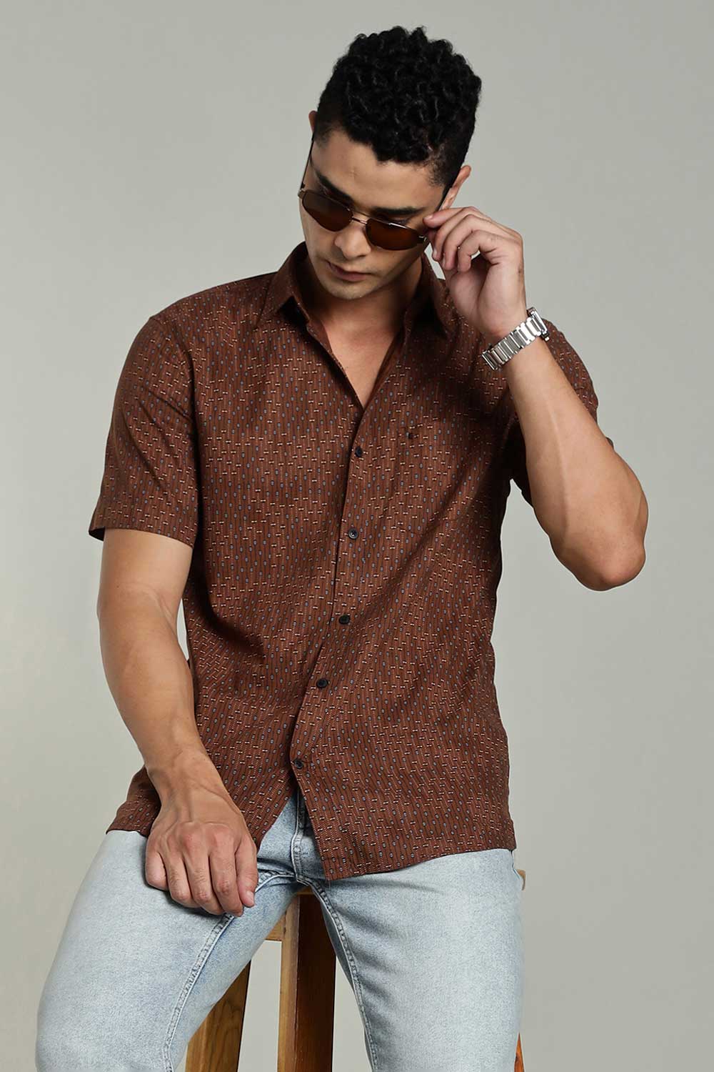 Enhance Mens Printed Casual Shirt Standard Collar Half Sleeve V Pocket - Brown - SA17