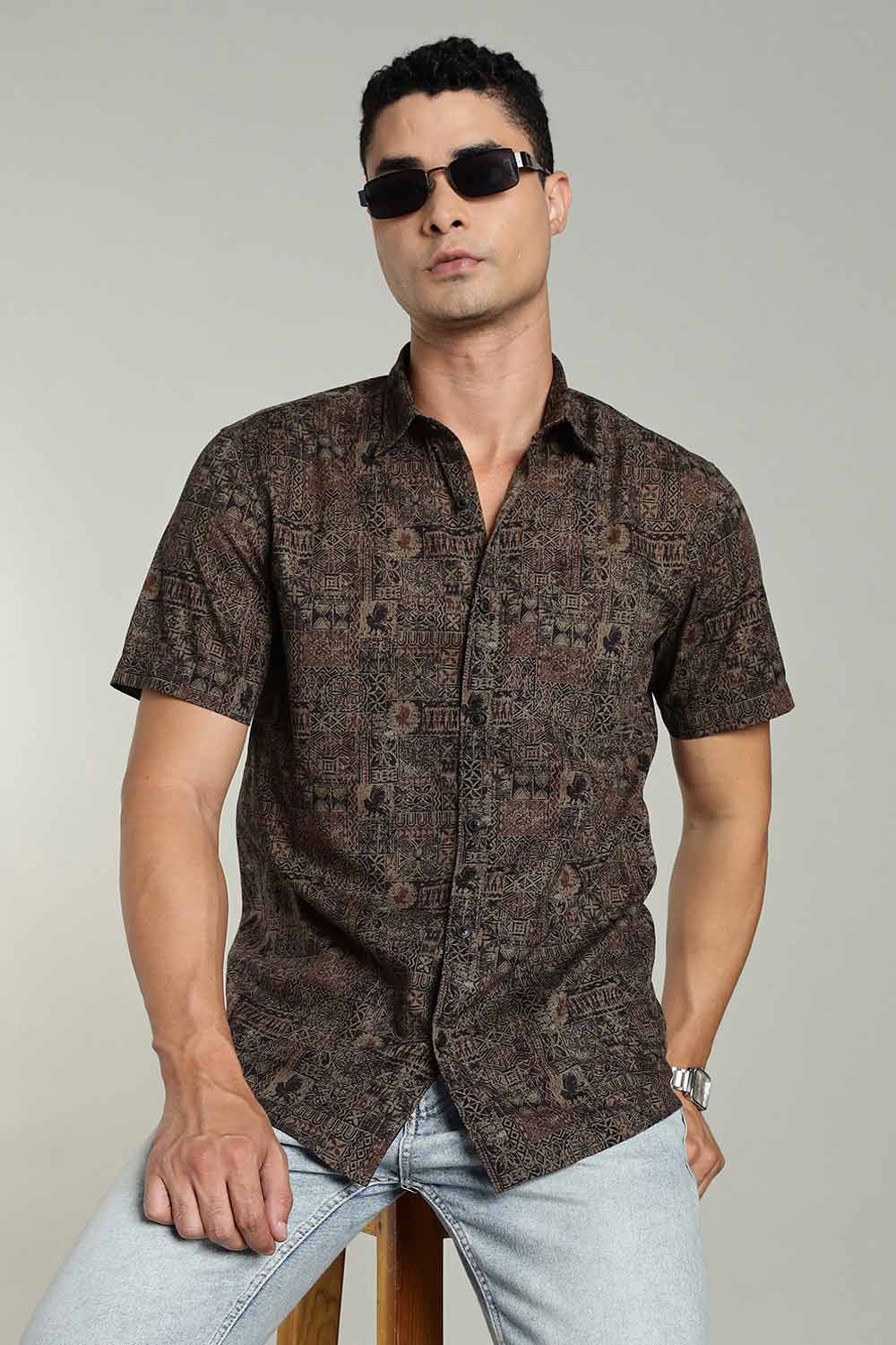 Enhance Mens Printed Casual Shirt Standard Collar Half Sleeve V Pocket - Black - SA20