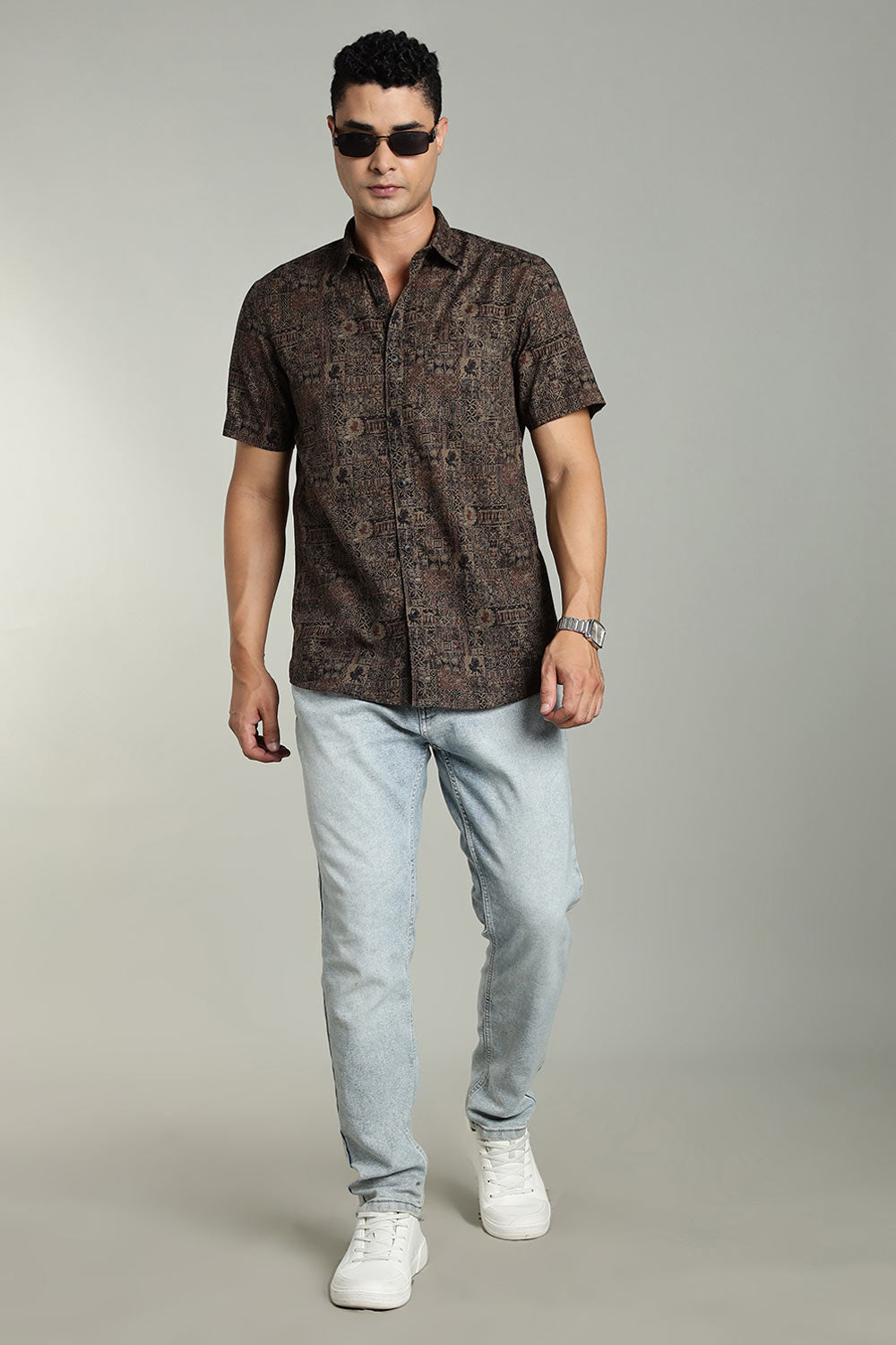Enhance Mens Printed Casual Shirt Standard Collar Half Sleeve V Pocket - Black - SA20