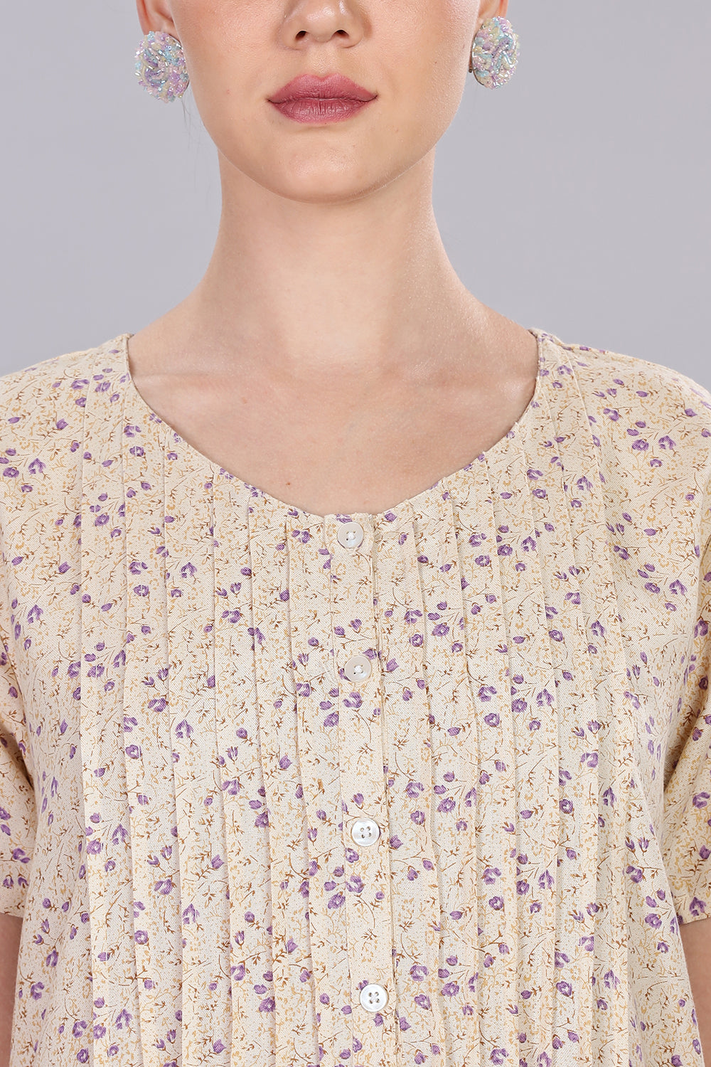 Naidu Hall Women's V-Neck A-Line Nighty with Front Button Placket and Pintuck Detailing - Beige - NT20