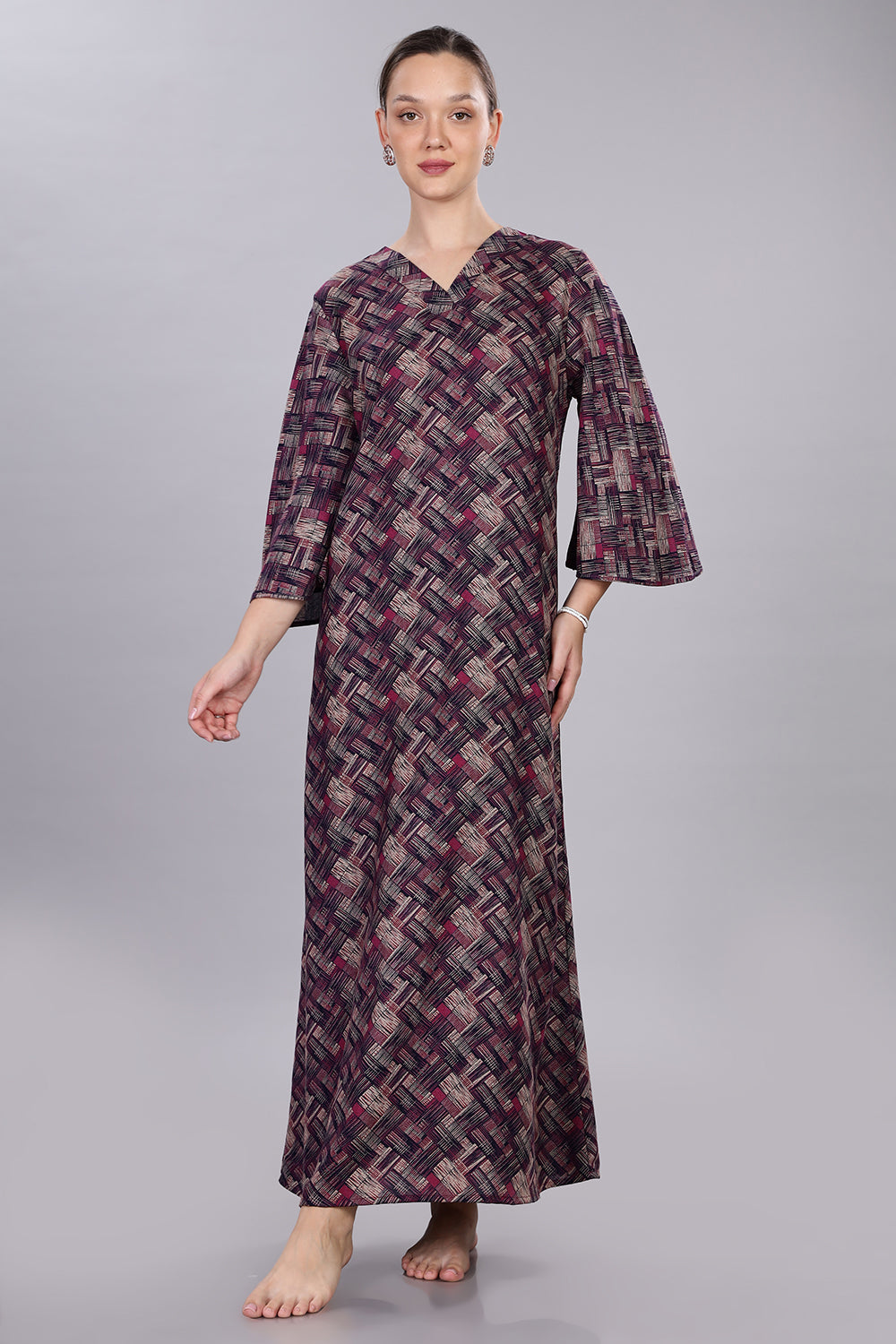 Naidu Hall Women's V-Neck A-Line Nighty with Bell Sleeves - Dark Blue - NT40