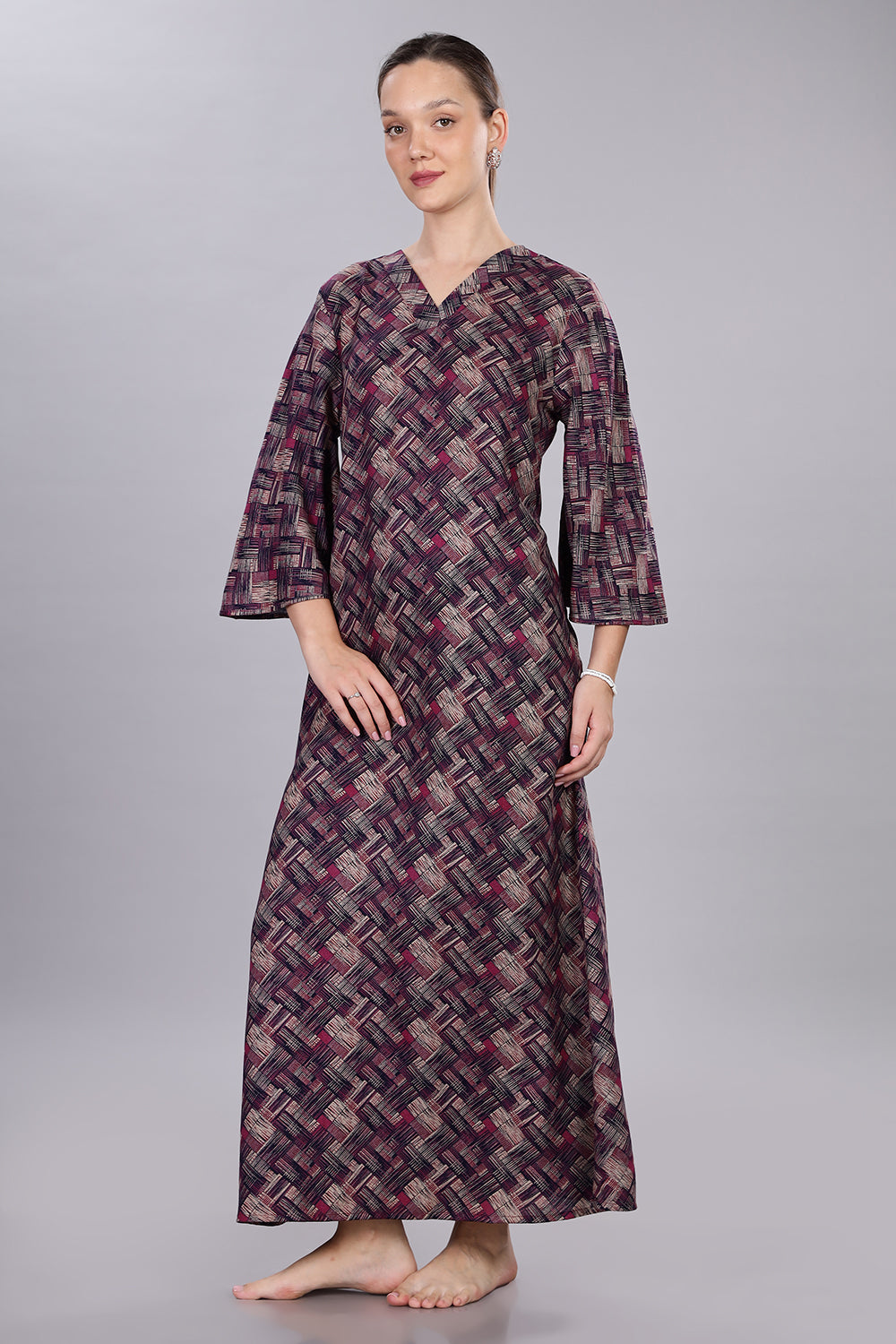 Naidu Hall Women's V-Neck A-Line Nighty with Bell Sleeves - Dark Blue - NT40
