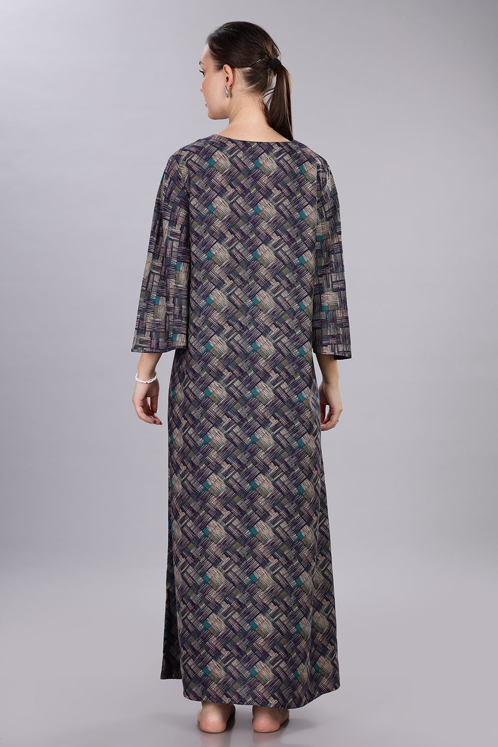 Naidu Hall Women's V-Neck A-Line Nighty with Bell Sleeves - Dark Blue - NT40