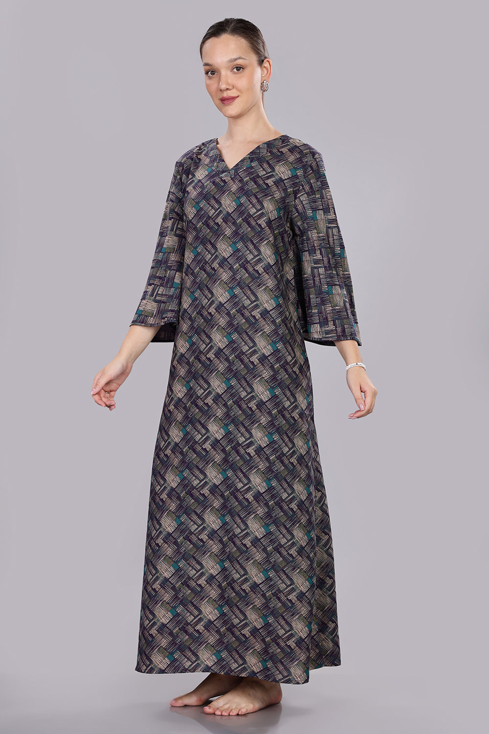 Naidu Hall Women's V-Neck A-Line Nighty with Bell Sleeves - Dark Blue - NT40