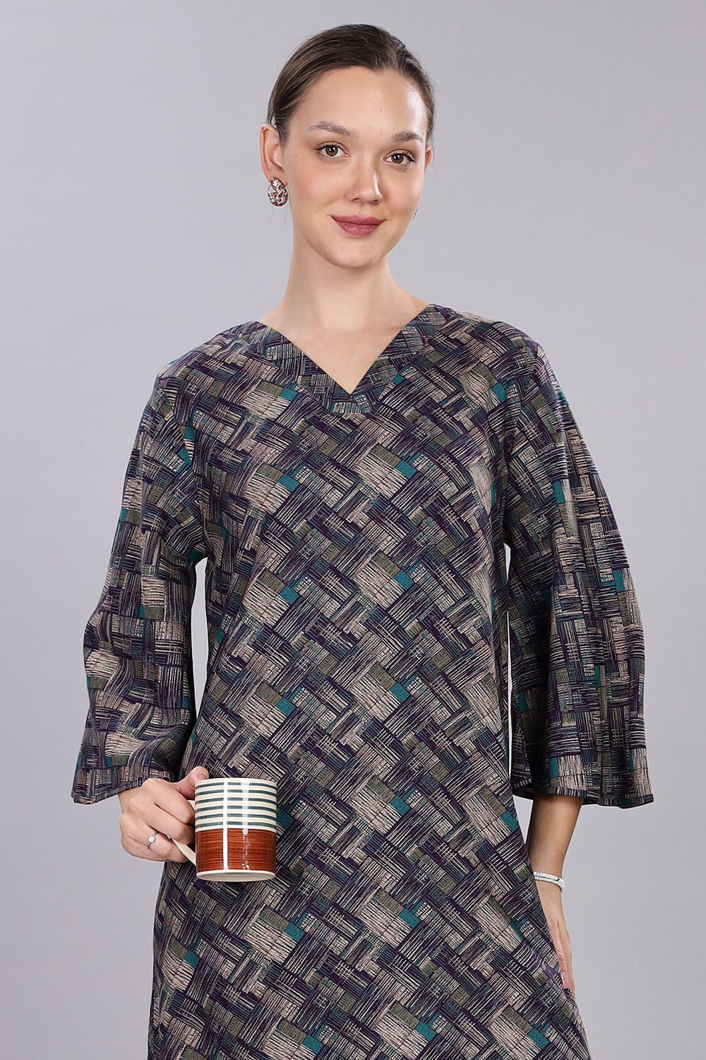 Naidu Hall Women's V-Neck A-Line Nighty with Bell Sleeves - Dark Blue - NT40