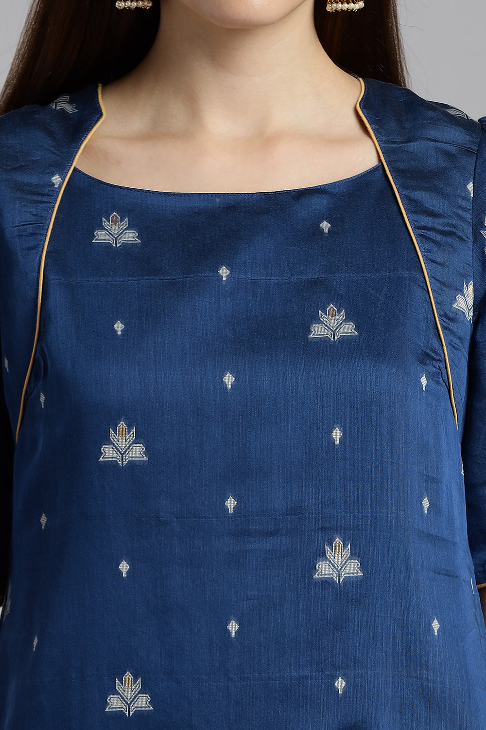 Mythri Women’s Puff Sleeve Jamdhani Kurta – Cotton Occasional Wear Ethnic Kurti - Blue - KU92