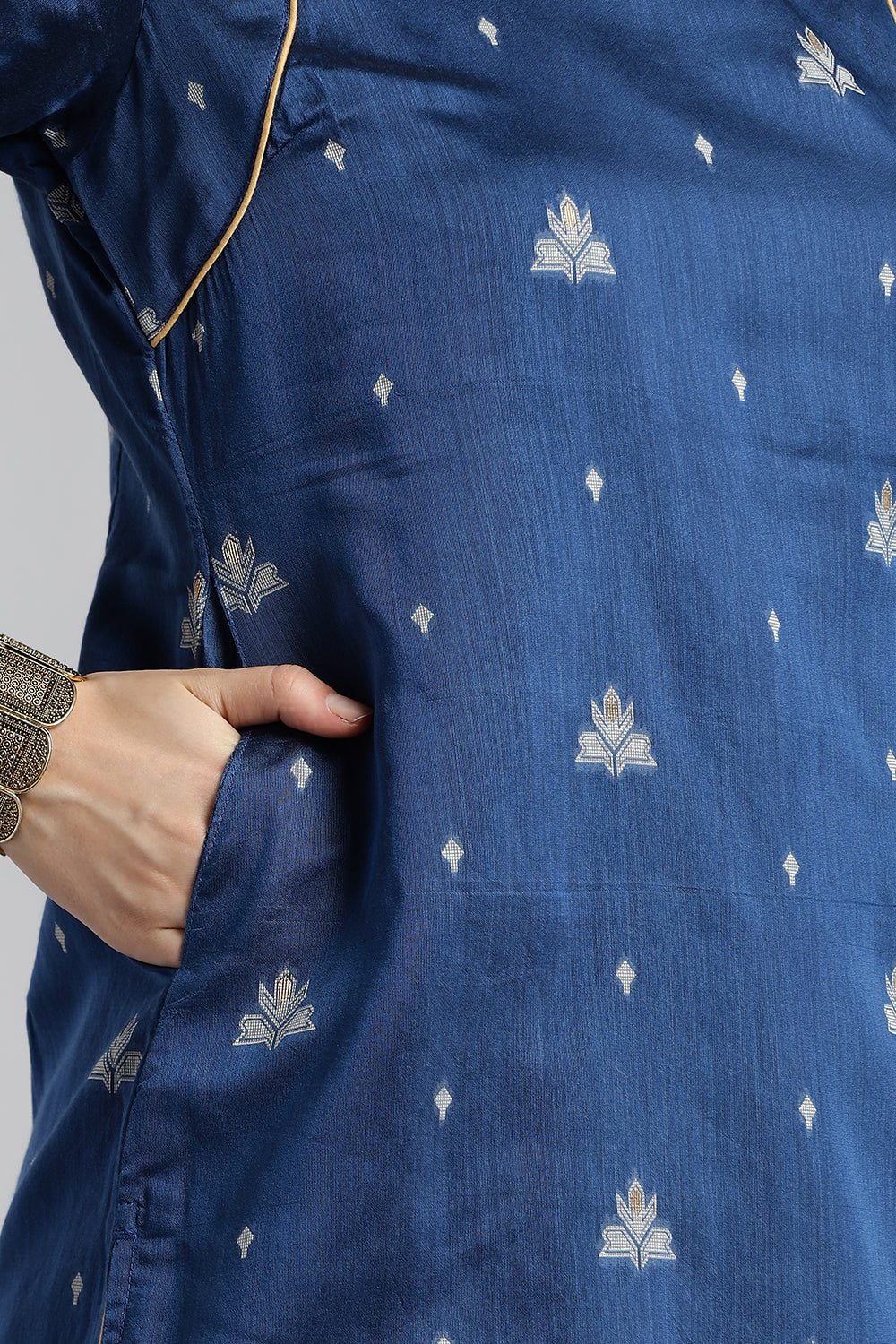 Mythri Women’s Puff Sleeve Jamdhani Kurta – Cotton Occasional Wear Ethnic Kurti - Blue - KU92
