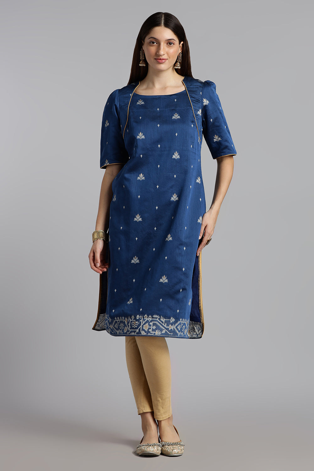 Mythri Women’s Puff Sleeve Jamdhani Kurta – Cotton Occasional Wear Ethnic Kurti - Blue - KU92
