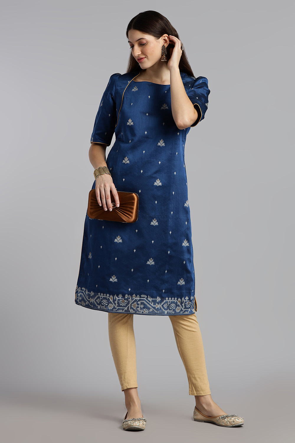 Mythri Women’s Puff Sleeve Jamdhani Kurta – Cotton Occasional Wear Ethnic Kurti - Blue - KU92