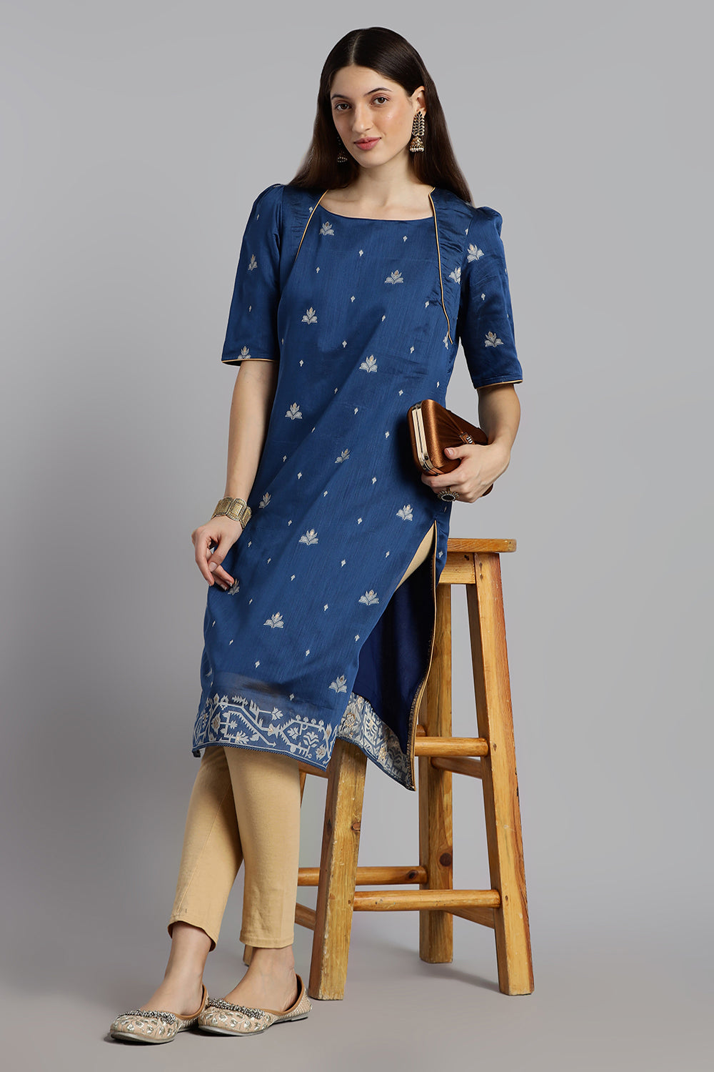 Mythri Women’s Puff Sleeve Jamdhani Kurta – Cotton Occasional Wear Ethnic Kurti - Blue - KU92