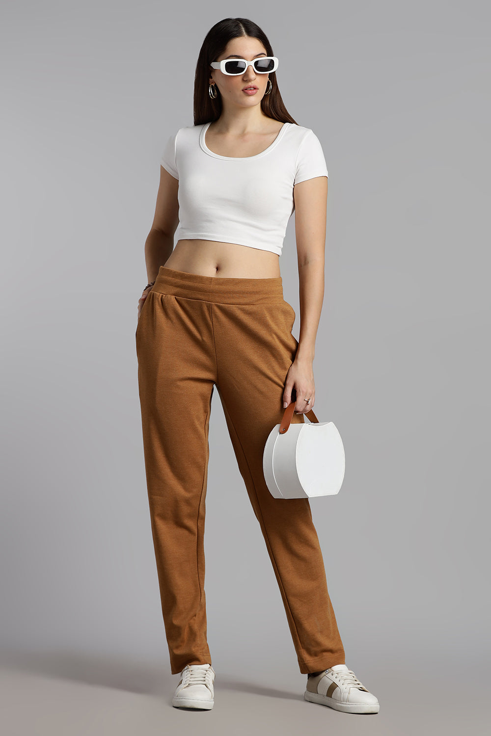 Jusperf Women’s Solid Track Pants – Cotton Rich Interlock Fabric with Side Pockets and Drawstring Waist - Brown - OC01