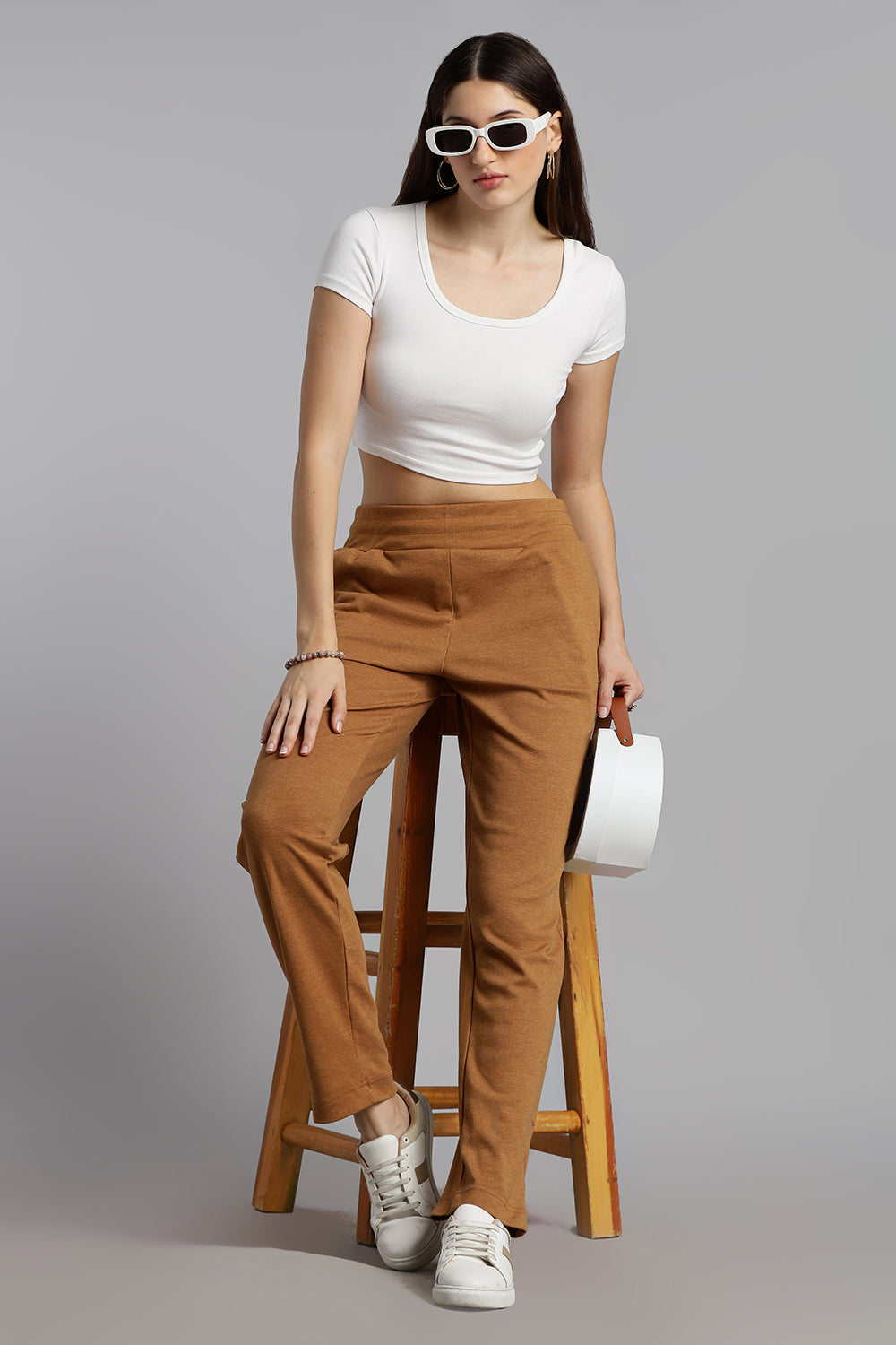 Jusperf Women’s Solid Track Pants – Cotton Rich Interlock Fabric with Side Pockets and Drawstring Waist - Brown - OC01