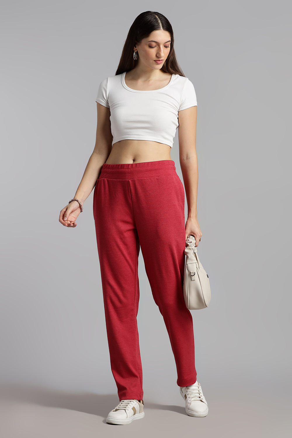 Jusperf Women’s Solid Track Pants – Cotton Rich Interlock Fabric with Side Pockets and Drawstring Waist - Red - OC01
