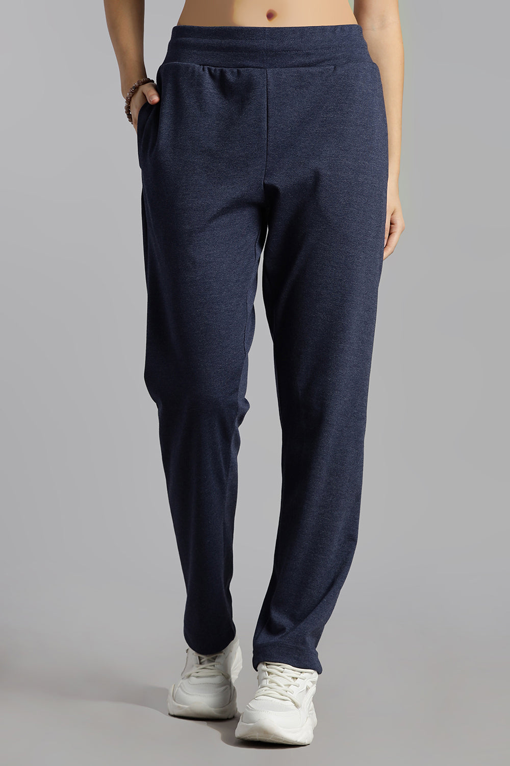 Jusperf Women’s Solid Track Pants – Cotton Rich Interlock Fabric with Side Pockets and Drawstring Waist - Navy Melange - OC01