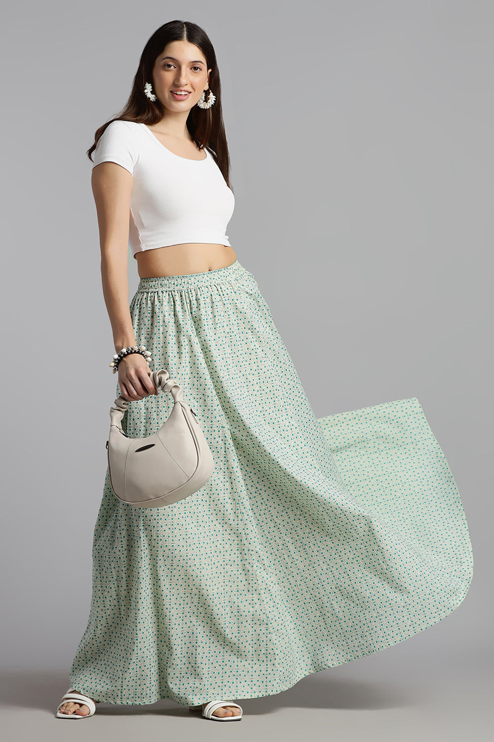 Mythri Women’s Cotton Long Skirt Without Pleats – Comfortable Everyday Ethnic Bottomwear - Light Cream - SK05