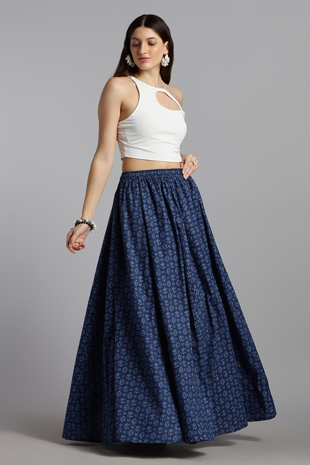 Mythri Women’s Cotton Long Skirt Without Pleats – Comfortable Everyday Ethnic Bottomwear - Denim Blue - SK05