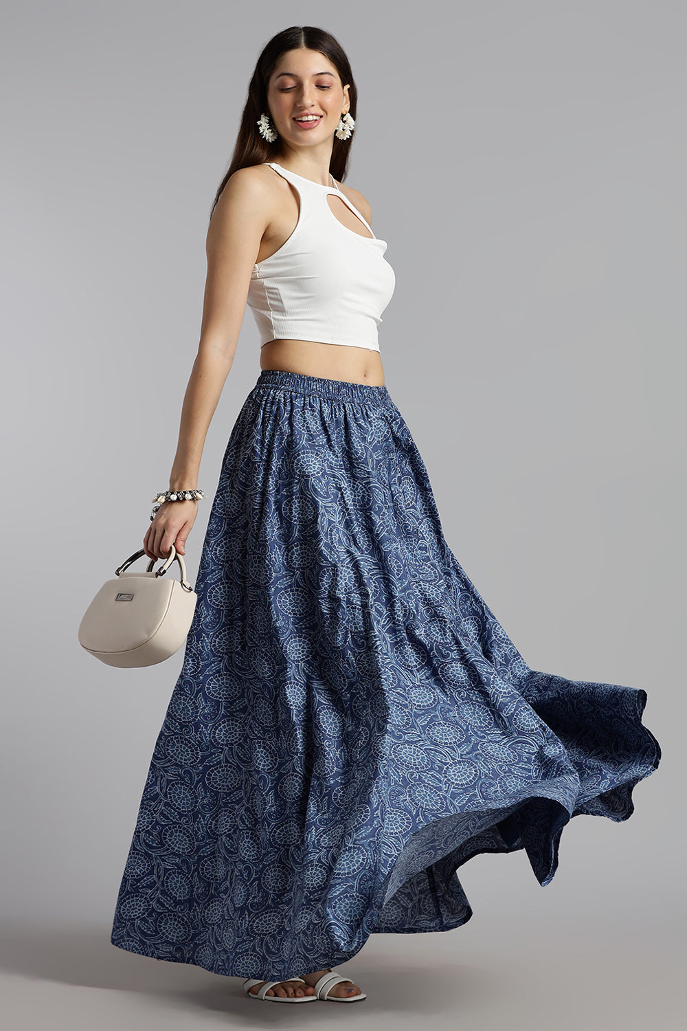 Mythri Women’s Cotton Long Skirt Without Pleats – Comfortable Everyday Ethnic Bottomwear - Light Blue - SK05