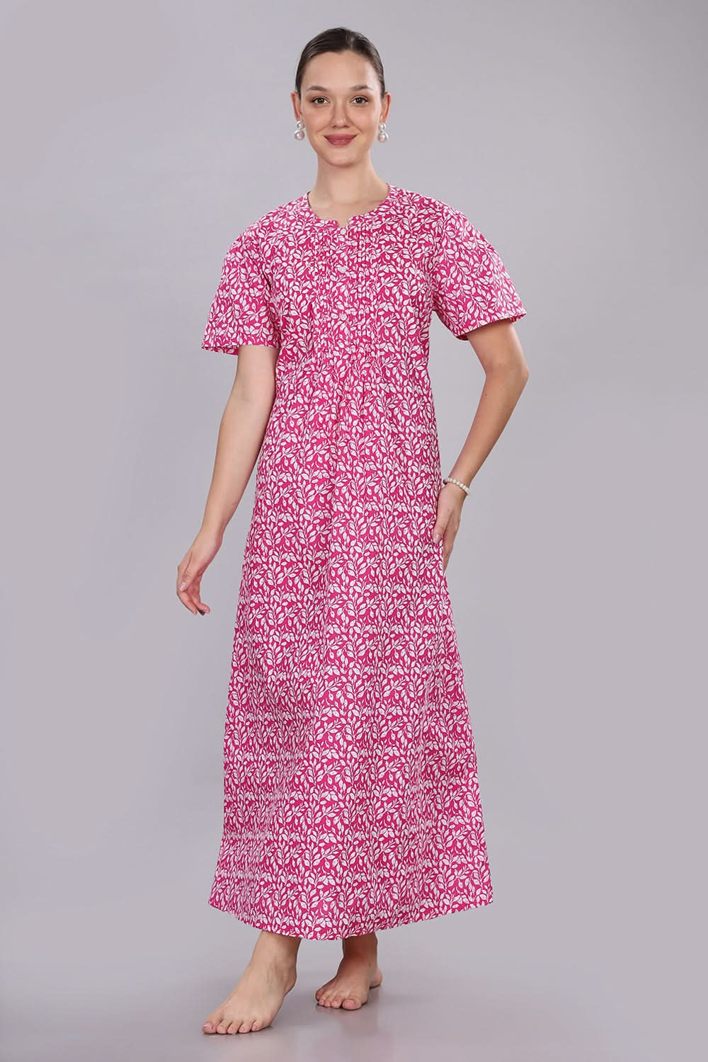 Naidu Hall  Women's Cotton Nighty with Front Yoke, Gathers, and Ruffle Detailing on Sleeves and Hem  - Pink - NT75