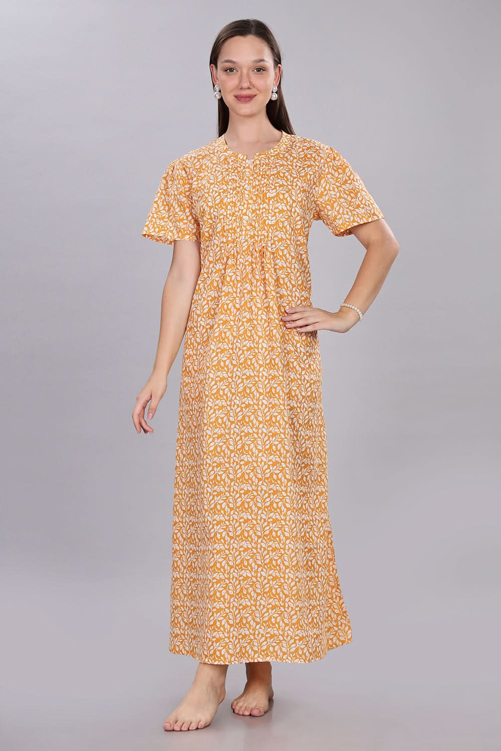 Naidu Hall  Women's Cotton Nighty with Front Yoke, Gathers, and Ruffle Detailing on Sleeves and Hem  - Yellow - NT75