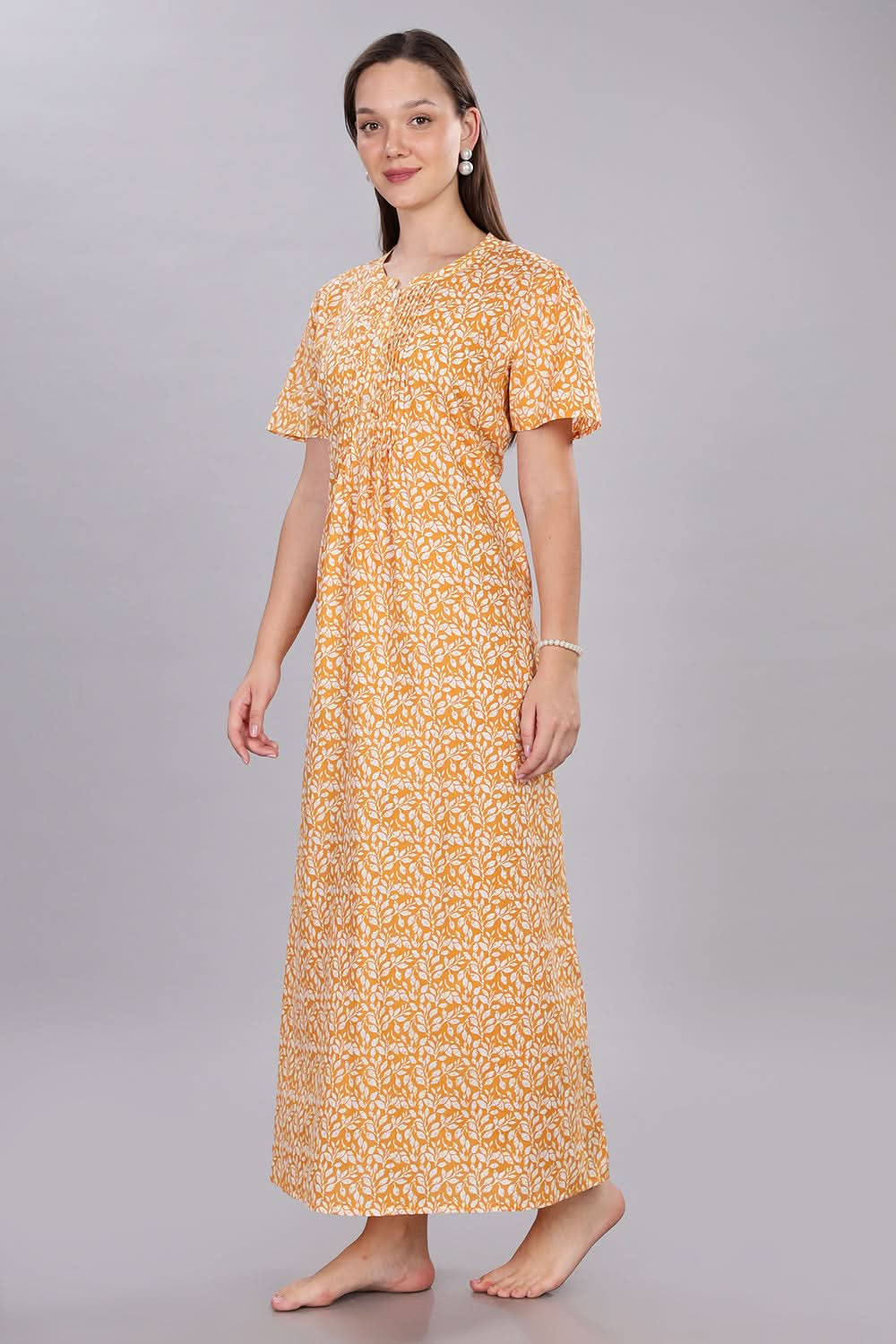 Naidu Hall  Women's Cotton Nighty with Front Yoke, Gathers, and Ruffle Detailing on Sleeves and Hem  - Yellow - NT75