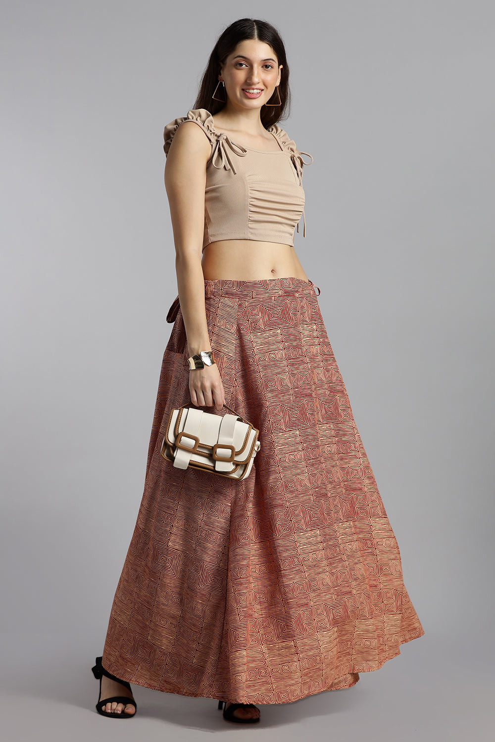 Mythri Women’s Cotton Wrap Around Skirt – Adjustable Ethnic Casual Wear - Beige - SK07