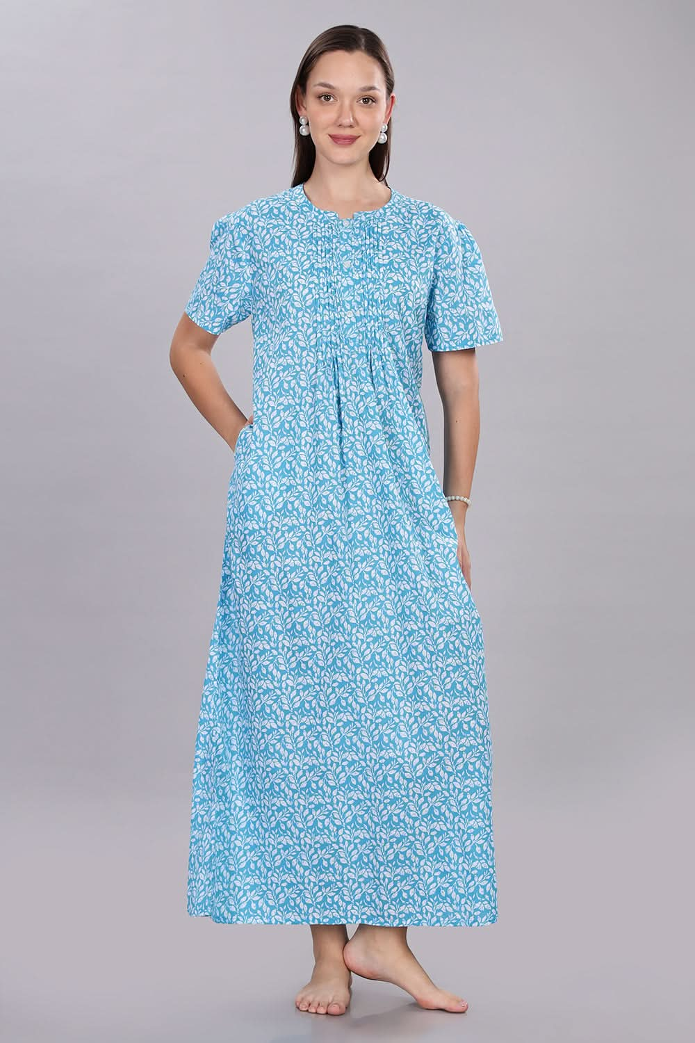 Naidu Hall  Women's Cotton Nighty with Front Yoke, Gathers, and Ruffle Detailing on Sleeves and Hem  - Blue - NT75