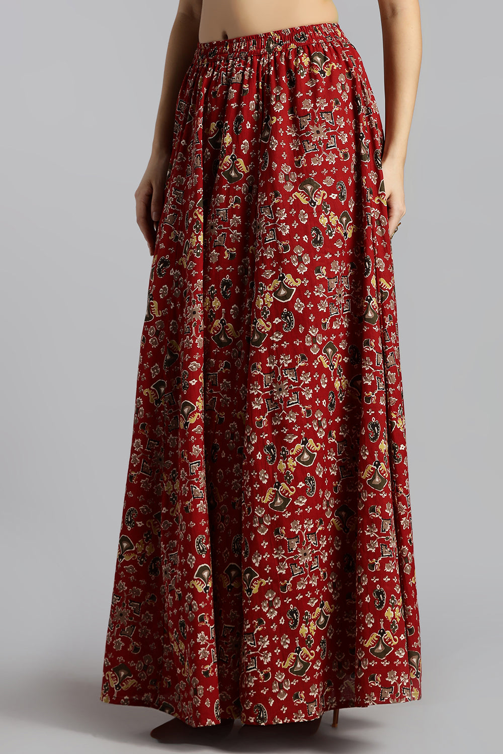 Mythri Women’s Cotton Long Skirt Without Pleats – Comfortable Everyday Ethnic Bottomwear - Dark Red - SK05