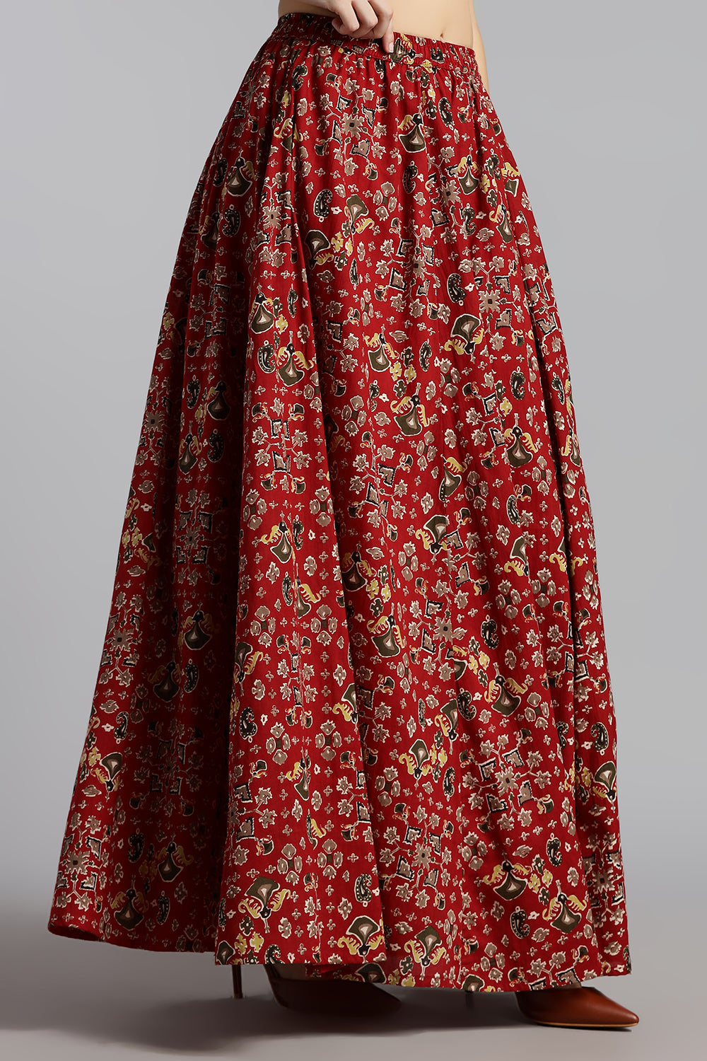 Mythri Women’s Cotton Long Skirt Without Pleats – Comfortable Everyday Ethnic Bottomwear - Dark Red - SK05