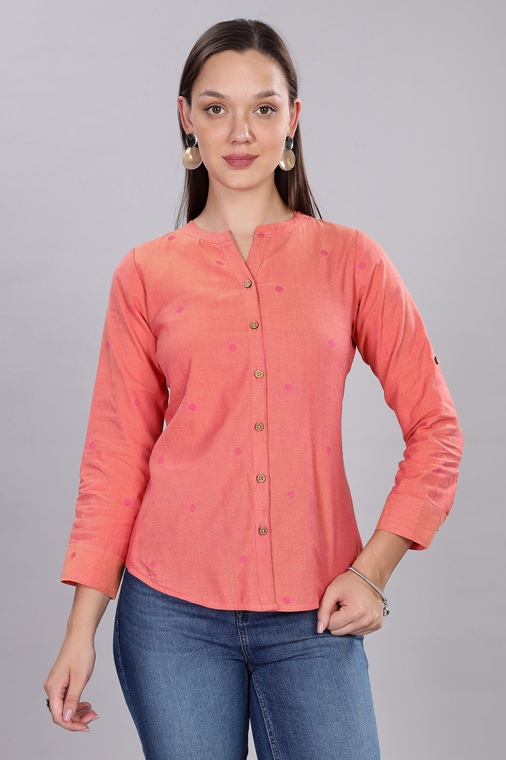 Mythri Women's Button-Down Top with Roll-Up Sleeves – Casual Wear Cotton Top  - Light Pink - TO20