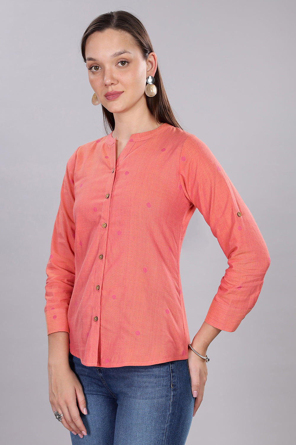 Mythri Women's Button-Down Top with Roll-Up Sleeves – Casual Wear Cotton Top  - Light Pink - TO20