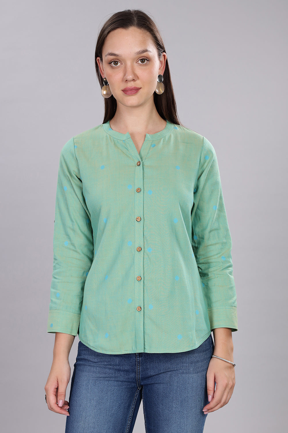 Mythri Women's Button-Down Top with Roll-Up Sleeves – Casual Wear Cotton Top  - Sea Green - TO20