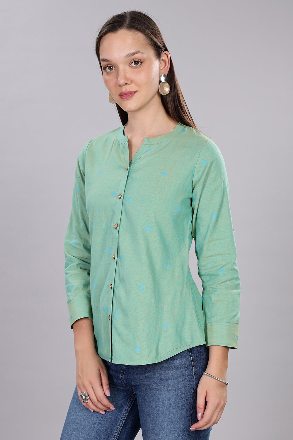 Mythri Women's Button-Down Top with Roll-Up Sleeves – Casual Wear Cotton Top  - Sea Green - TO20