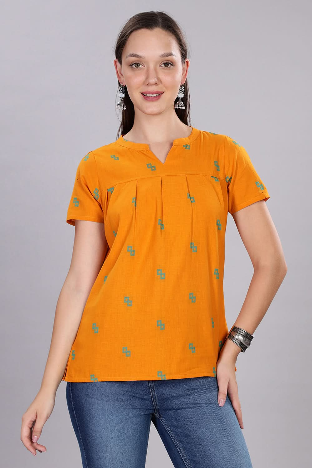 Mythri Women's Short Sleeve Pleated Top with Mandarin Collar for Everyday Wear  - Orange - TO08