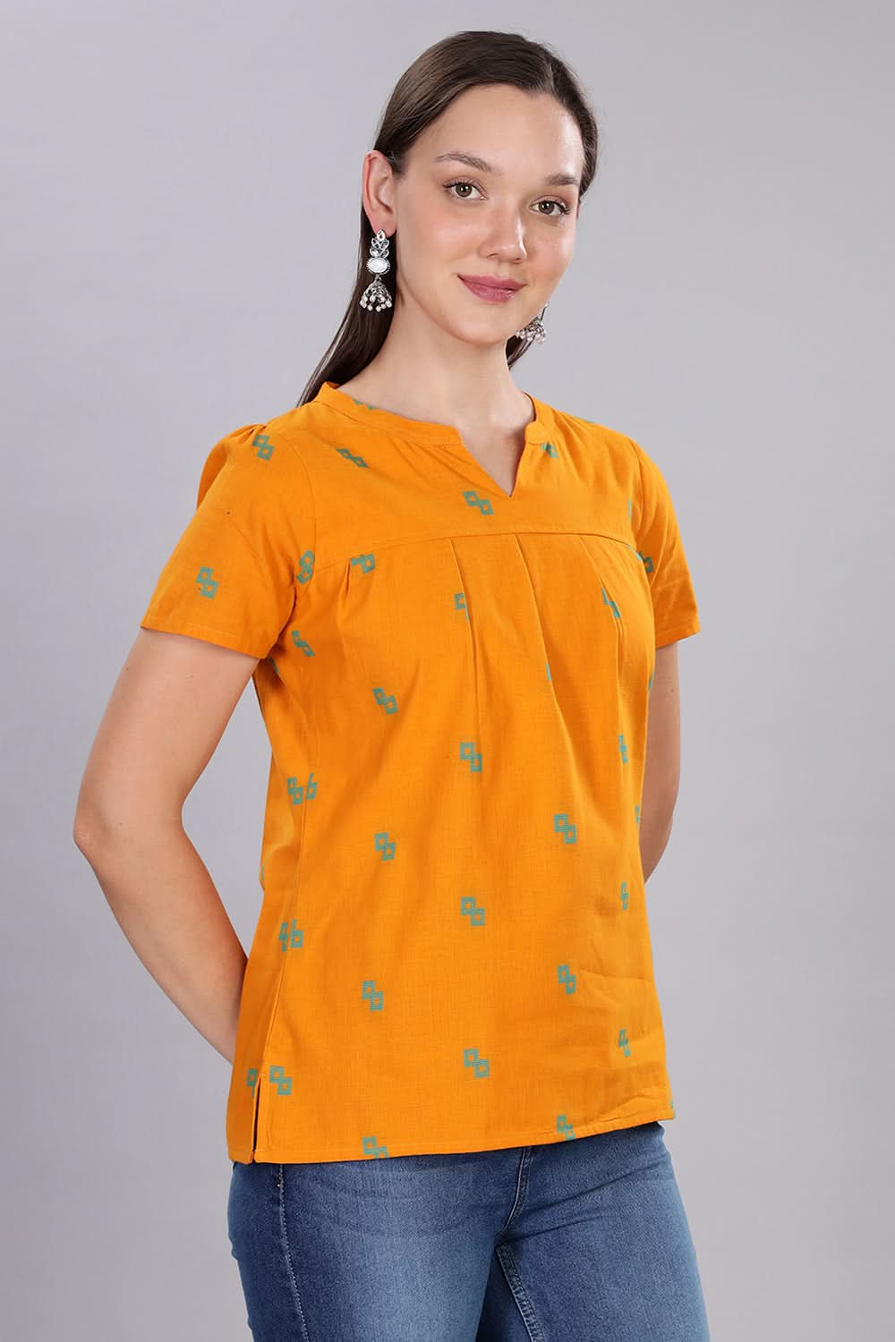 Mythri Women's Short Sleeve Pleated Top with Mandarin Collar for Everyday Wear  - Orange - TO08