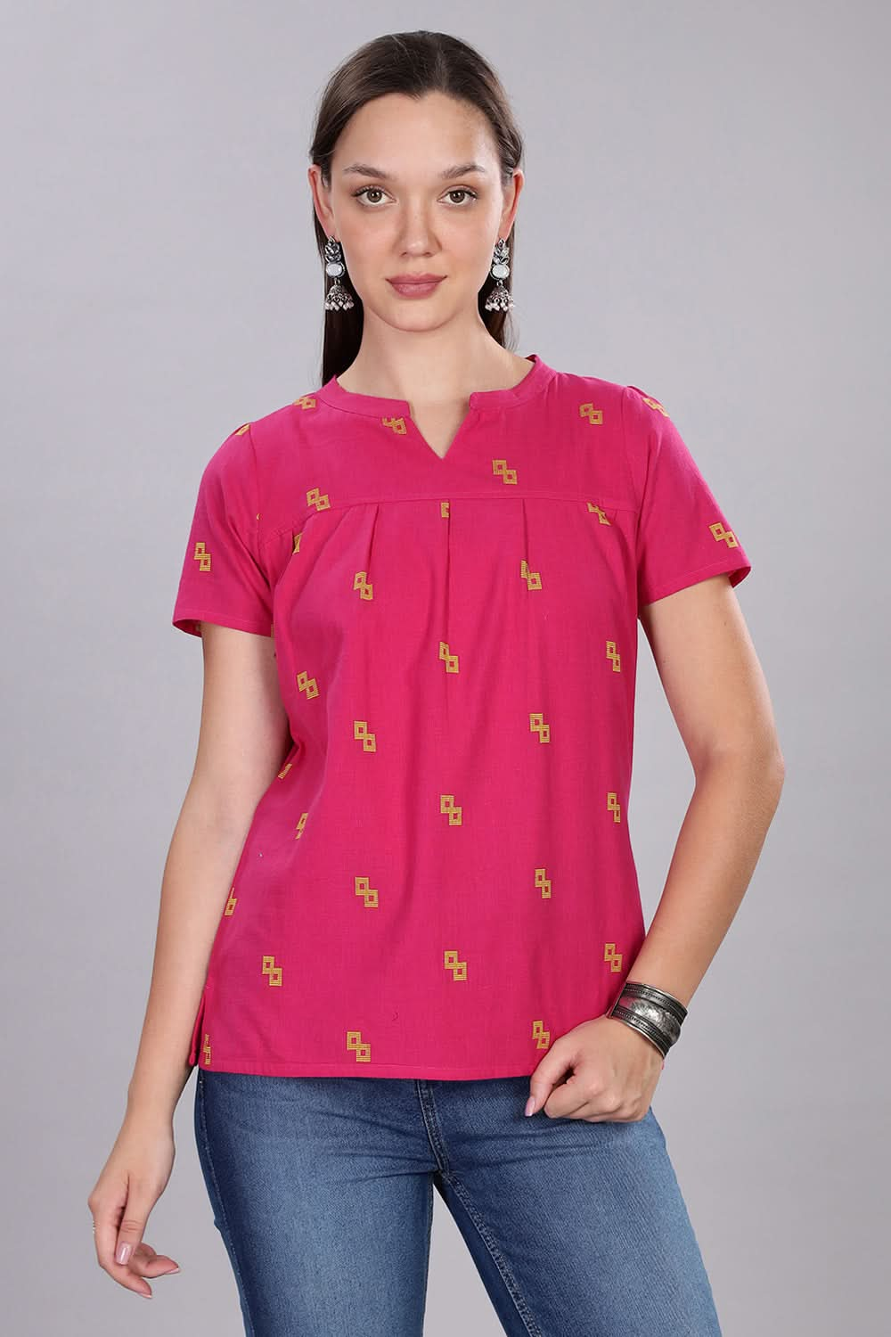 Mythri Women's Short Sleeve Pleated Top with Mandarin Collar for Everyday Wear  - Dark Pink - TO08