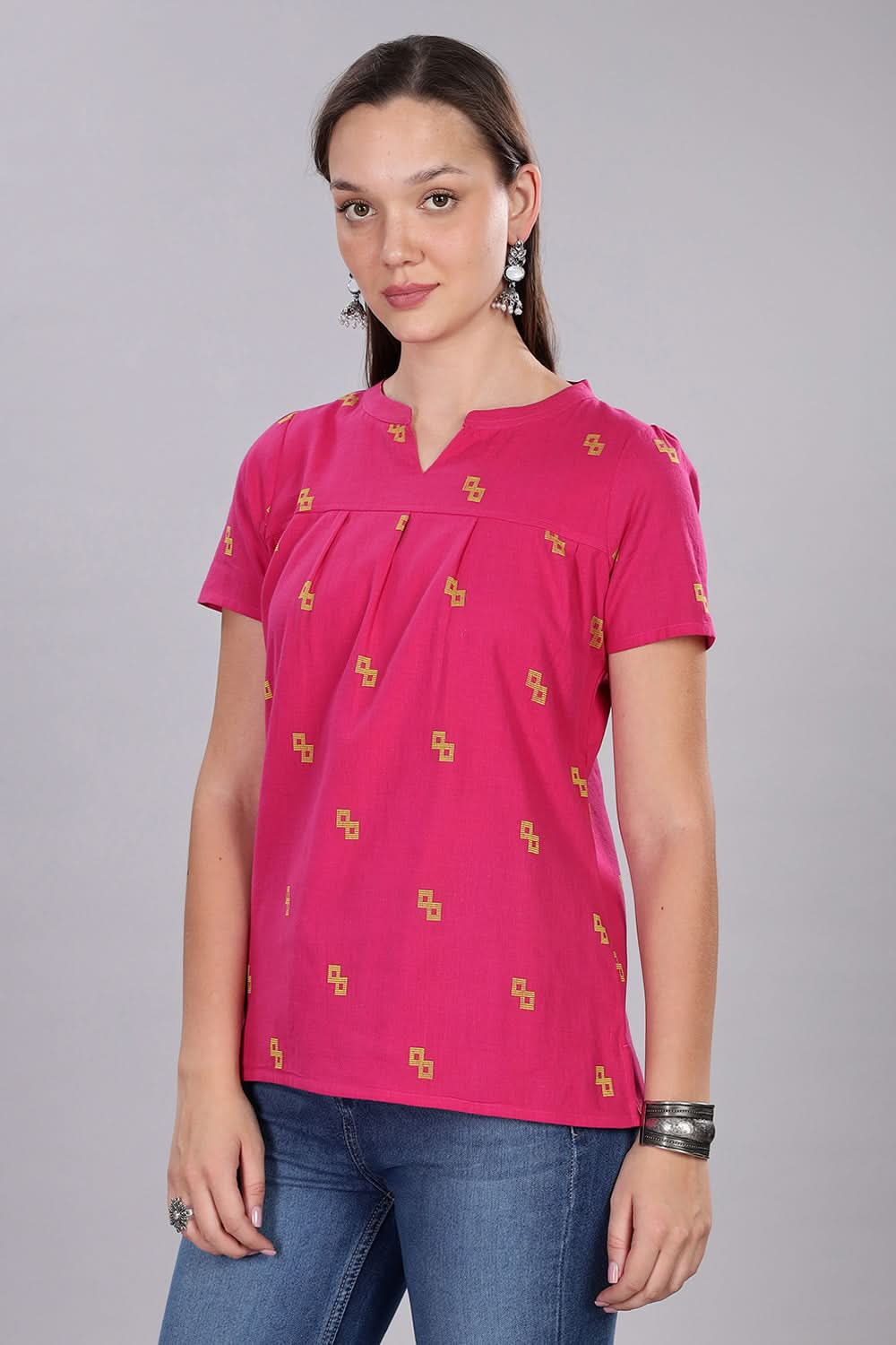 Mythri Women's Short Sleeve Pleated Top with Mandarin Collar for Everyday Wear  - Dark Pink - TO08