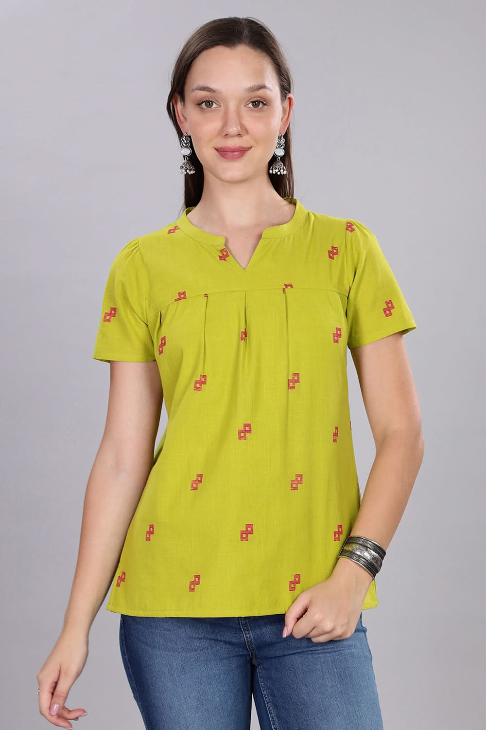 Mythri Women's Short Sleeve Pleated Top with Mandarin Collar for Everyday Wear  - Light Green - TO08