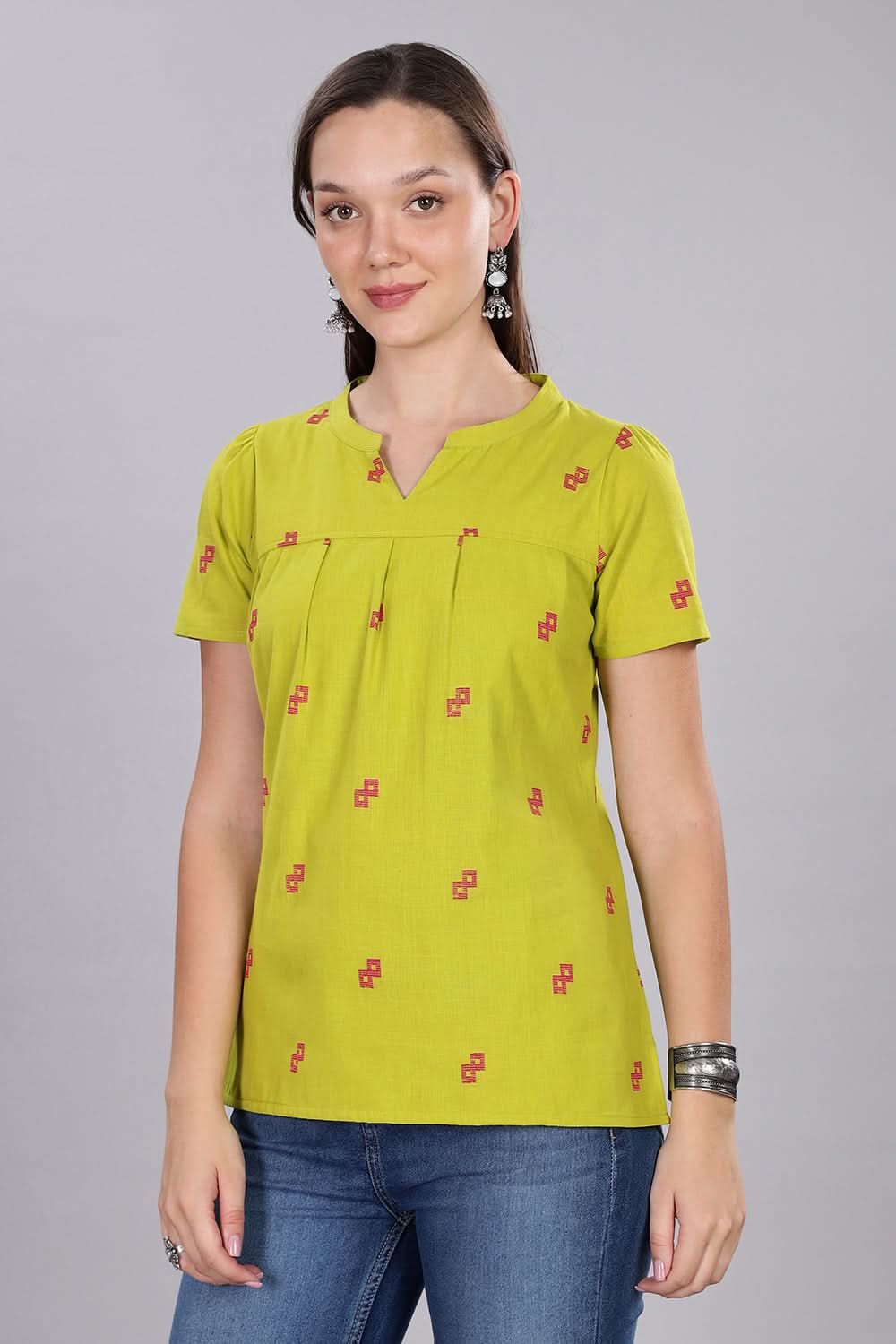 Mythri Women's Short Sleeve Pleated Top with Mandarin Collar for Everyday Wear  - Light Green - TO08