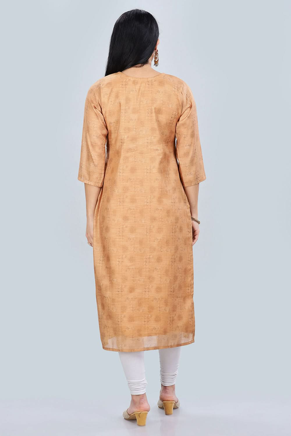 Mythri Trendy V Neck Printed Chanderi Kurta for Women with 3/4th Sleeves - Mustard - KU61