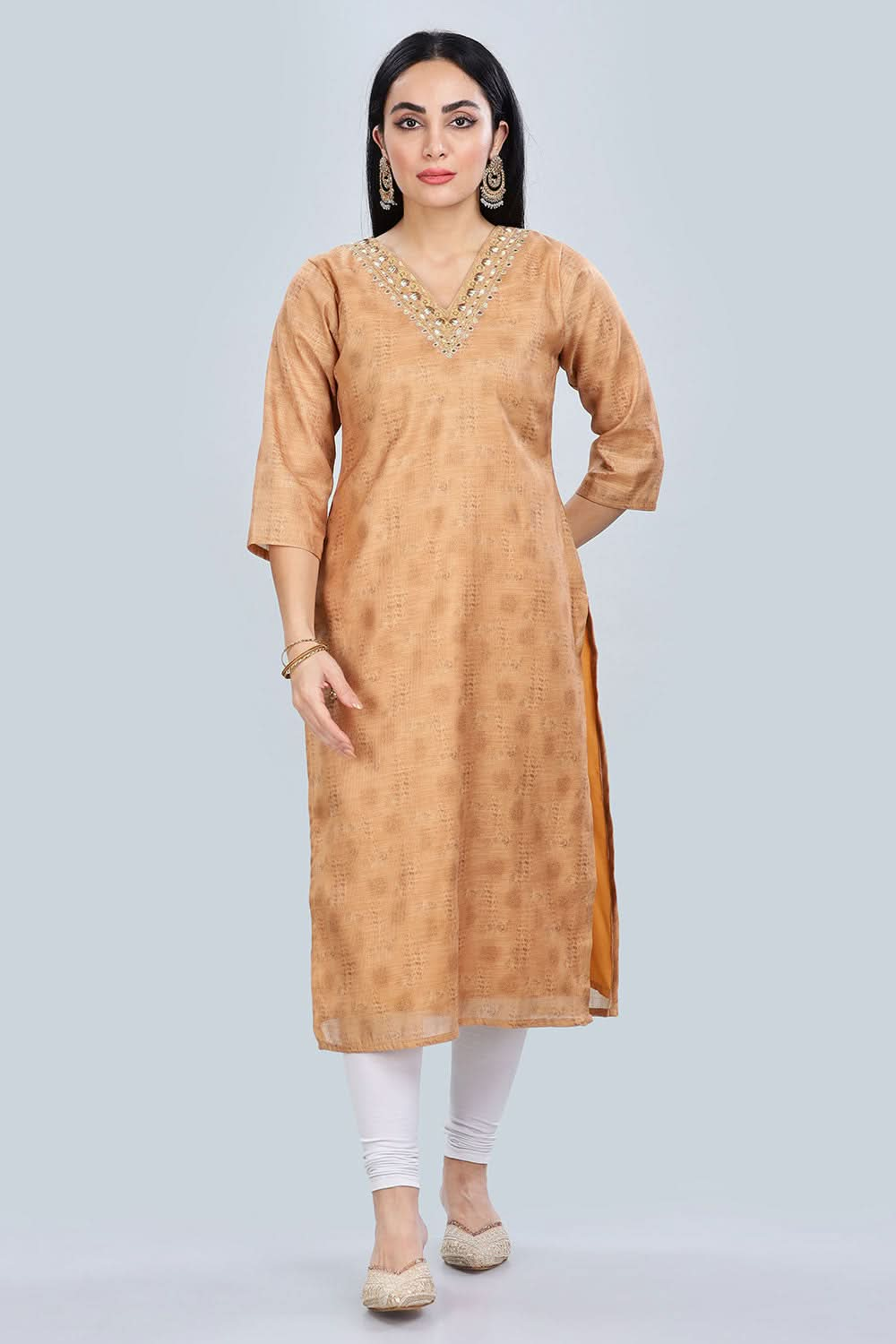 Mythri Trendy V Neck Printed Chanderi Kurta for Women with 3/4th Sleeves - Mustard - KU61