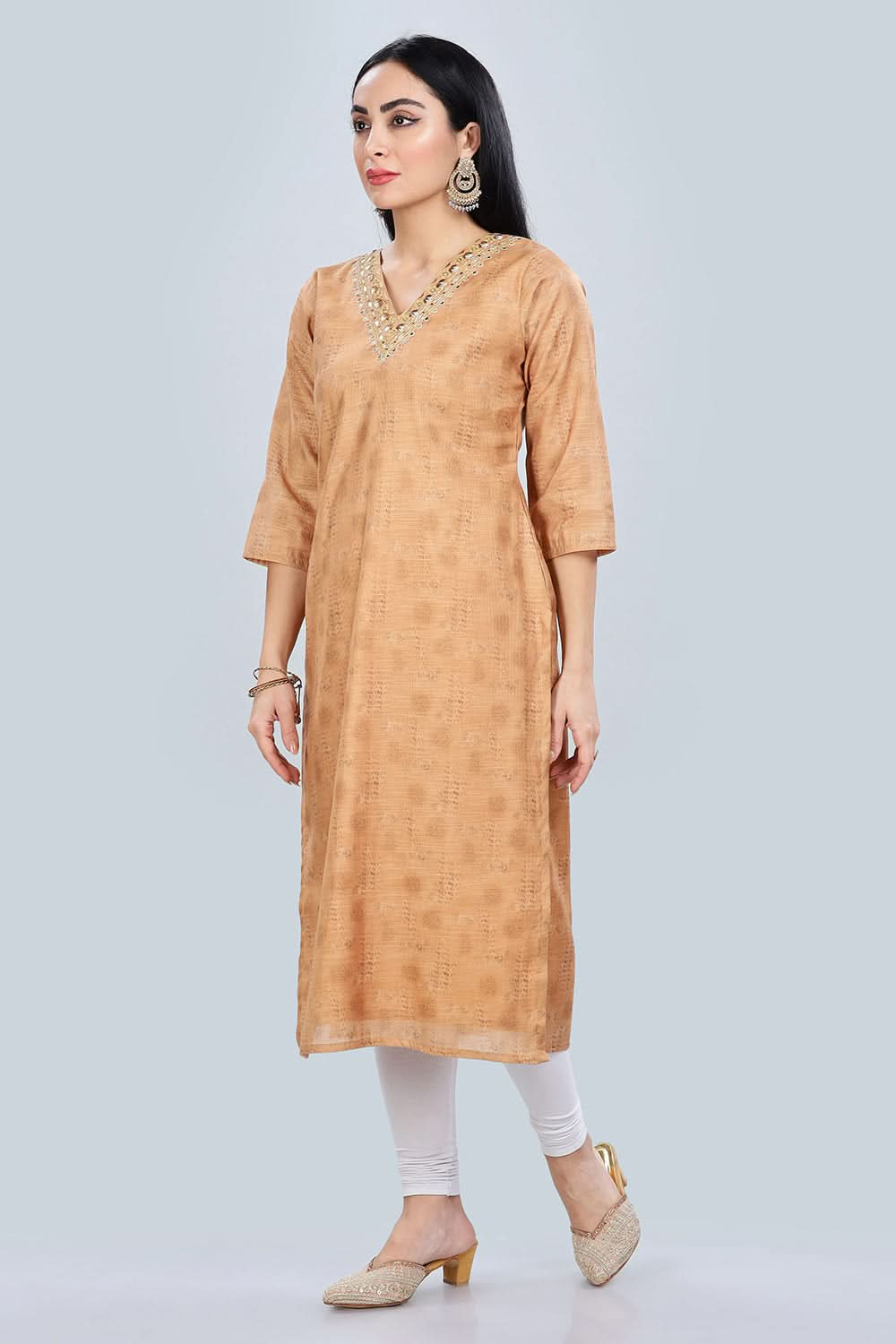 Mythri Trendy V Neck Printed Chanderi Kurta for Women with 3/4th Sleeves - Mustard - KU61