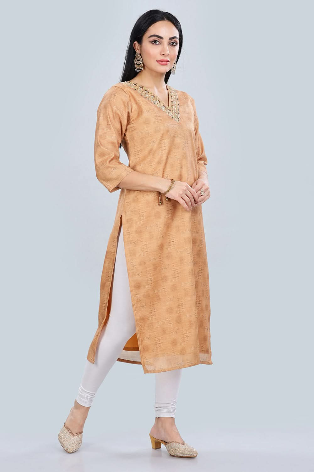 Mythri Trendy V Neck Printed Chanderi Kurta for Women with 3/4th Sleeves - Mustard - KU61