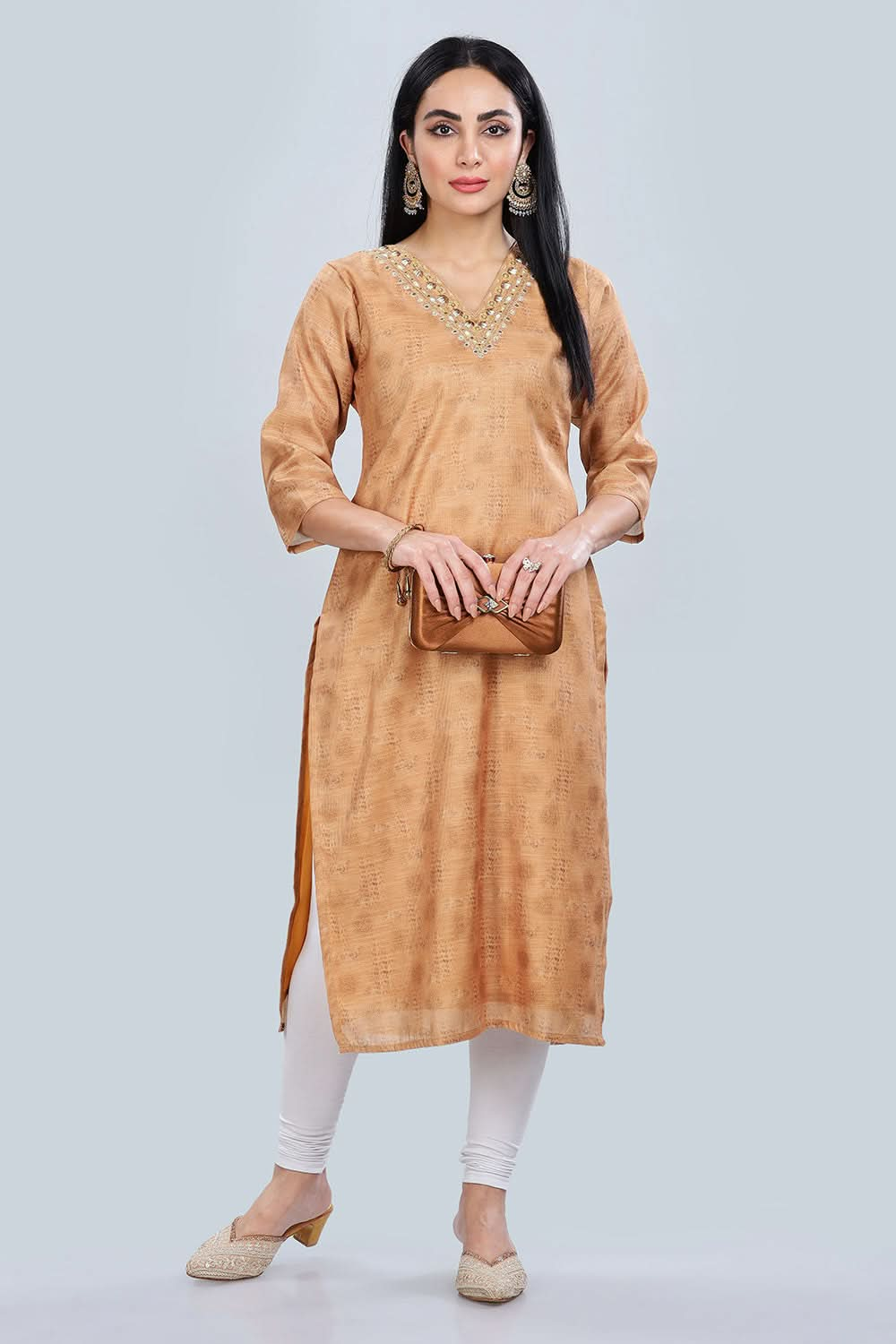 Mythri Trendy V Neck Printed Chanderi Kurta for Women with 3/4th Sleeves - Mustard - KU61