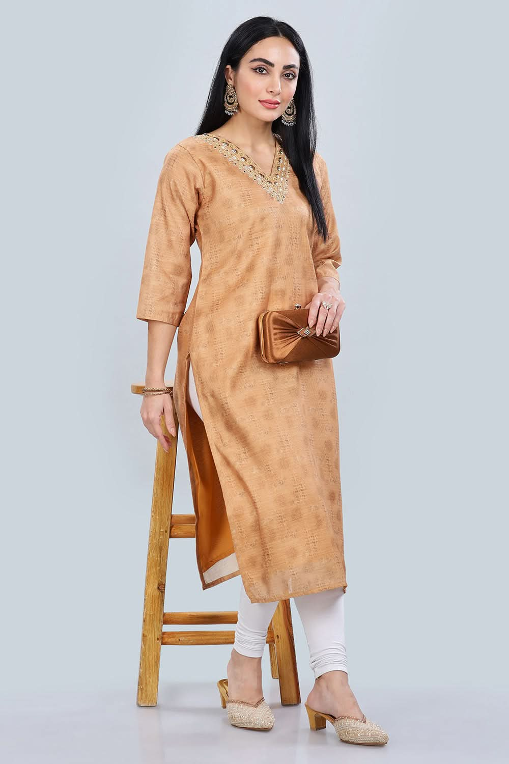 Mythri Trendy V Neck Printed Chanderi Kurta for Women with 3/4th Sleeves - Mustard - KU61