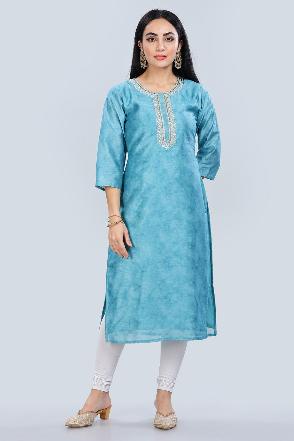 Mythri Trendy V Neck Printed Chanderi Kurta for Women with 3/4th Sleeves - Blue - KU64