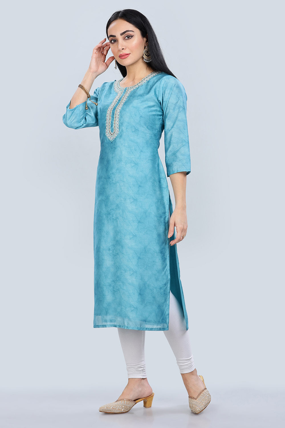 Mythri Trendy V Neck Printed Chanderi Kurta for Women with 3/4th Sleeves - Blue - KU64